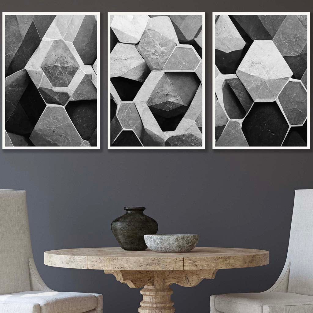 Set of 3 Geometric Abstract Black and Grey Hexagons Wall Art Prints