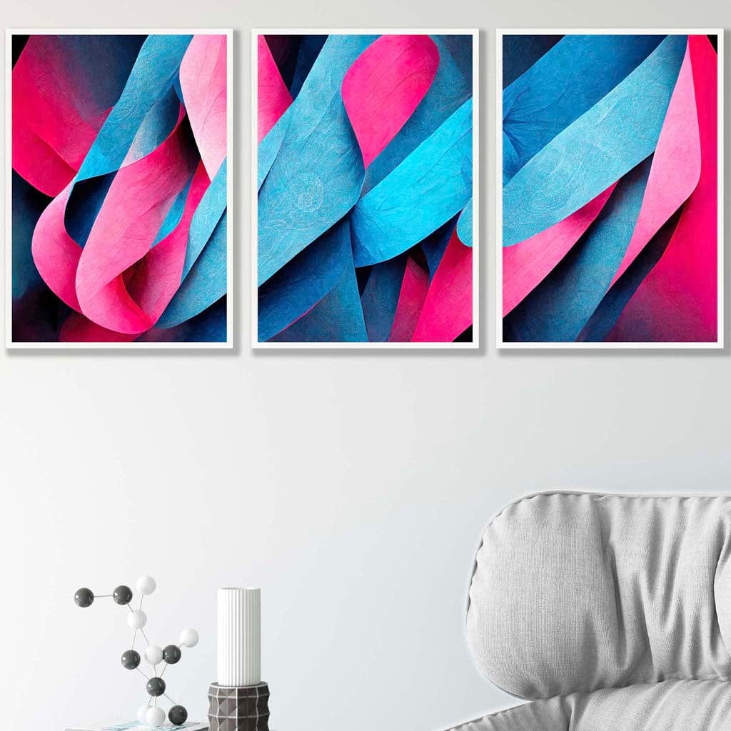 Set of 3 Geometric Abstract Bright Blue and Hot Pink Deco Shapes Wall Art Prints