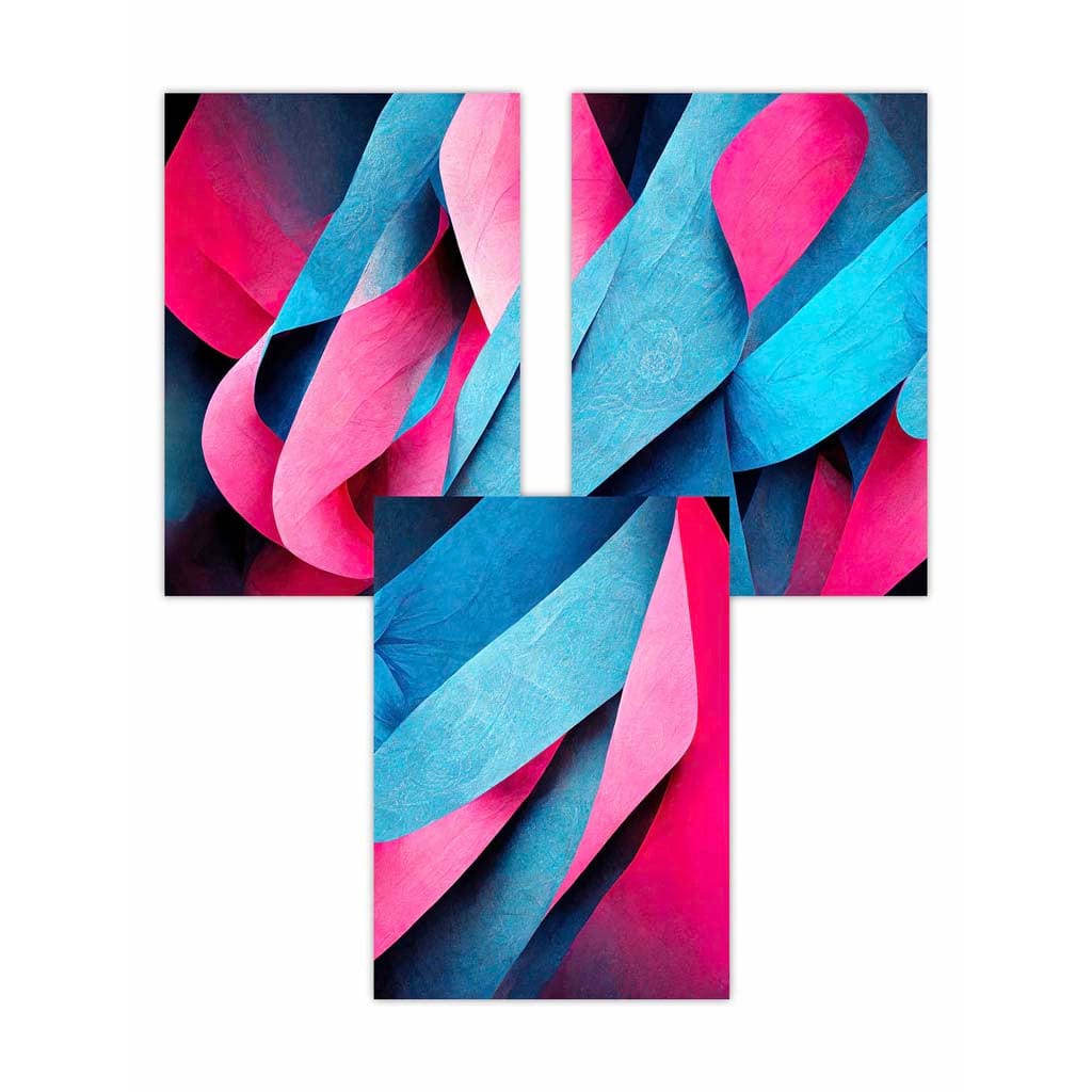 Set of 3 Geometric Abstract Bright Blue and Hot Pink Deco Shapes Wall Art Prints