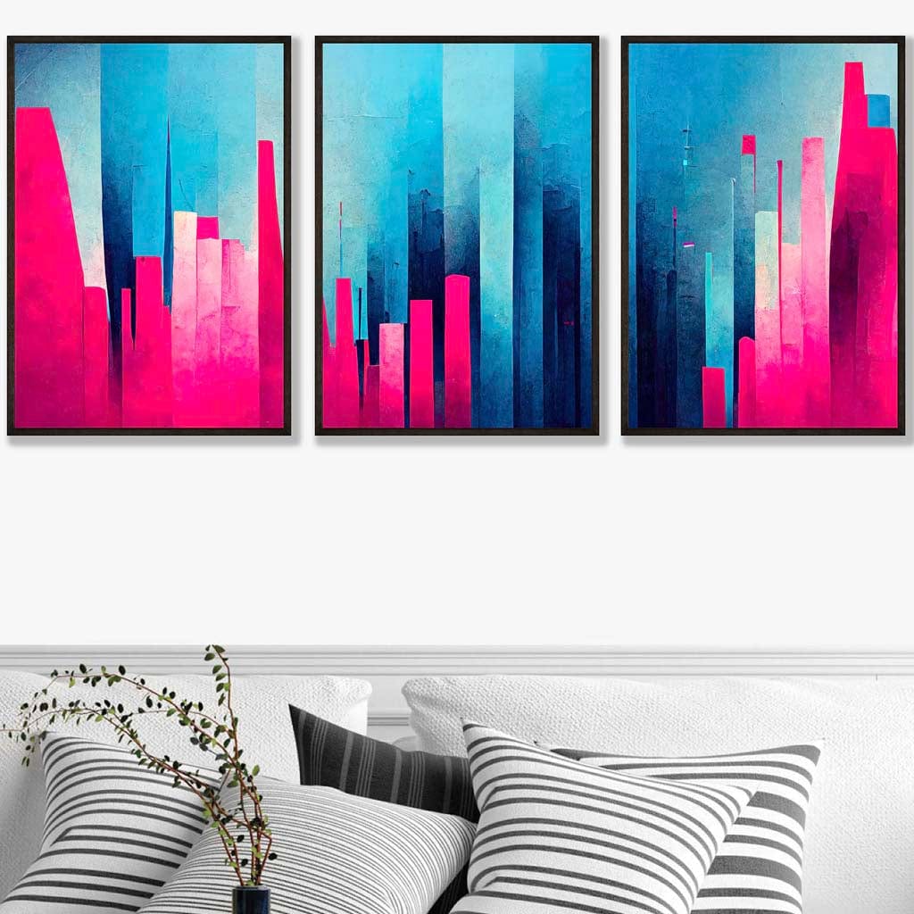 Set of 3 Geometric Abstract Bright Blue and Hot Pink Miami Wall Art Prints