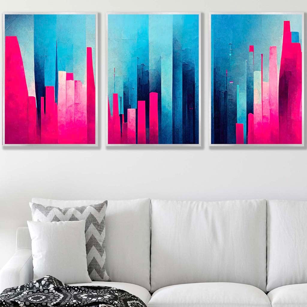 Set of 3 Geometric Abstract Bright Blue and Hot Pink Miami Wall Art Prints
