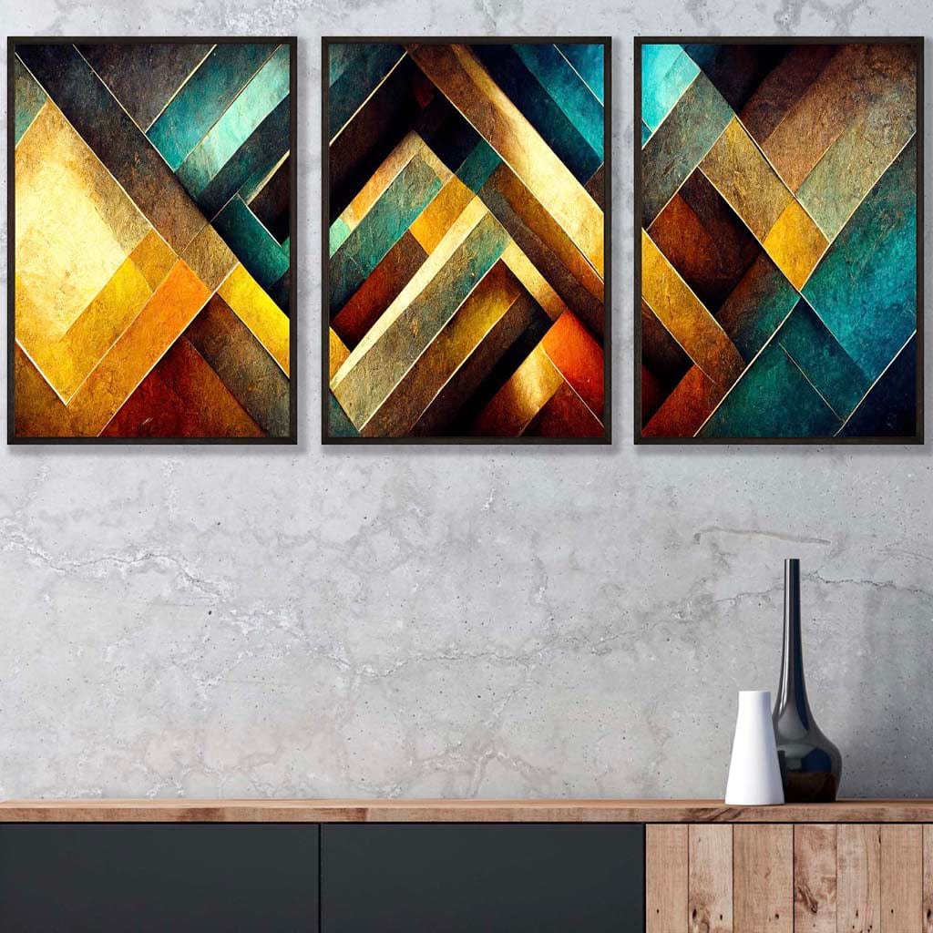 Set of 3 Abstract Multi Yellow Blue Distressed Mosaic Wall Art Prints