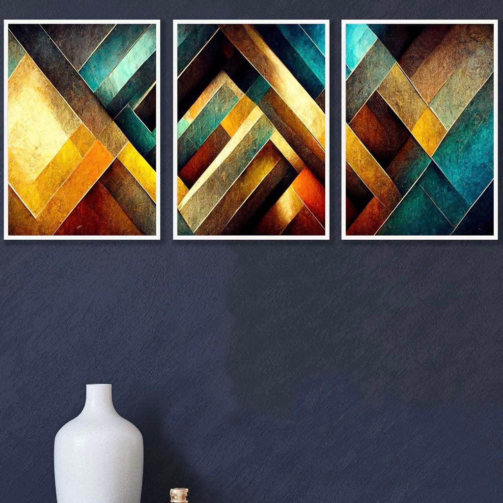 Set of 3 Abstract Multi Yellow Blue Distressed Mosaic Wall Art Prints