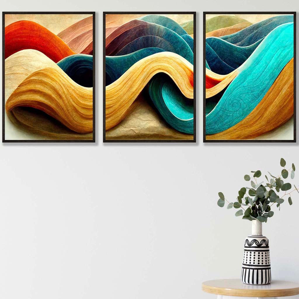 Set of 3 Abstract Yellow Blue Cerulean Waves Wall Art Prints
