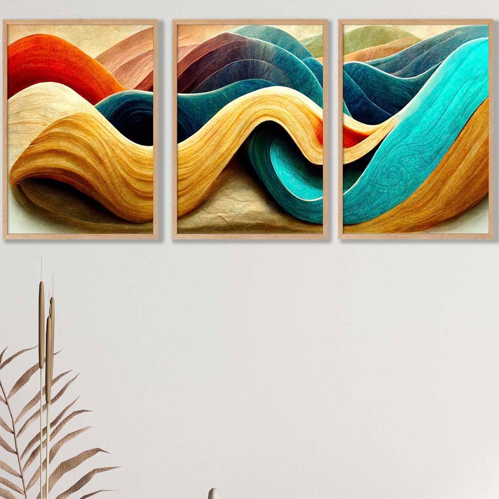 Set of 3 Abstract Yellow Blue Cerulean Waves Wall Art Prints