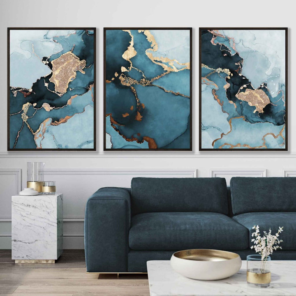 Teal and Gold Abstract Marble Wall Art Prints with Teal Sofa