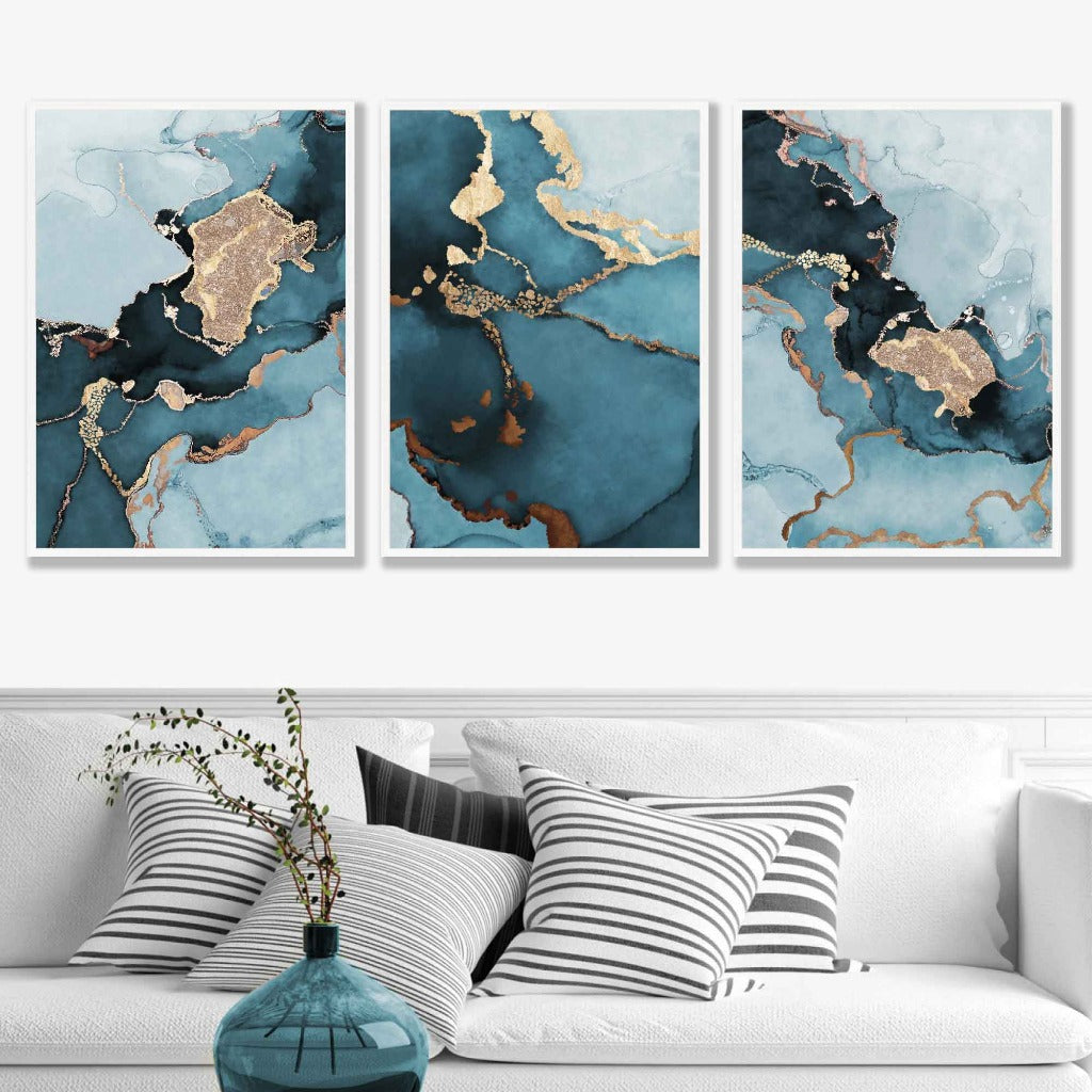 Teal and Gold Abstract Marble Wall Art prints with white Frame