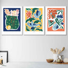 Set of 3 Artisan Floral Posters in Bright Blue, Green and Yellow
