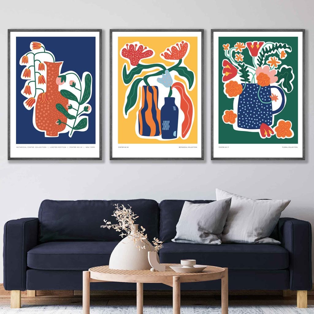 Artisan Colourful Botanical Set of 3 Posters in Blue, Yellow and Green