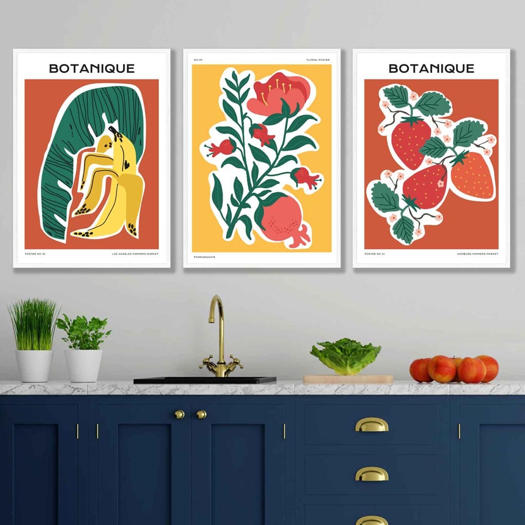 Set of 3 Artisan Fruit Posters in Red Green Yellow