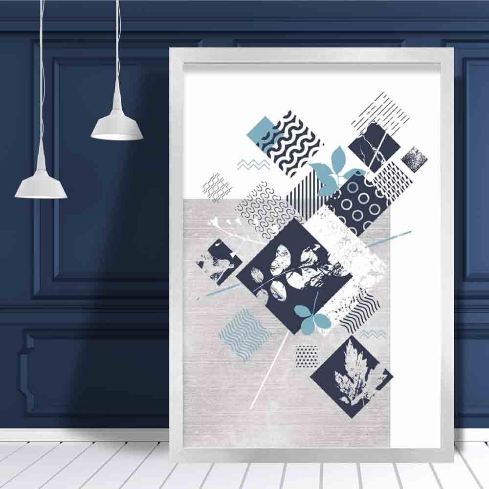 BOTANICAL Abstract GEOMETRIC Navy Blue and Aqua Floral Print 01