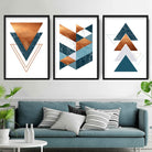 GEOMETRIC set of 3 Teal Blue Orange and Gold Art Prints Abstract Textured Triangles