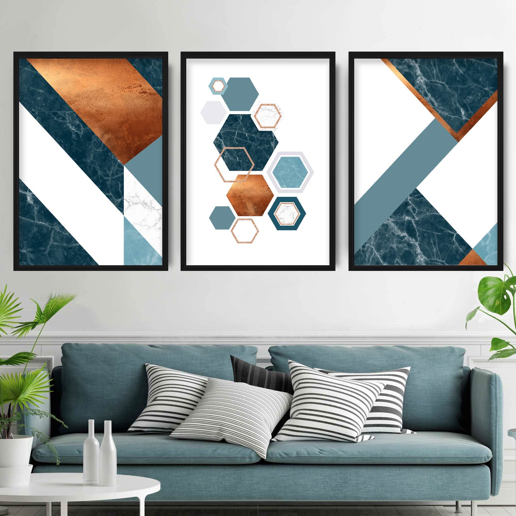 GEOMETRIC set of 3 Navy Blue Orange and Gold Art Prints Abstract Texture