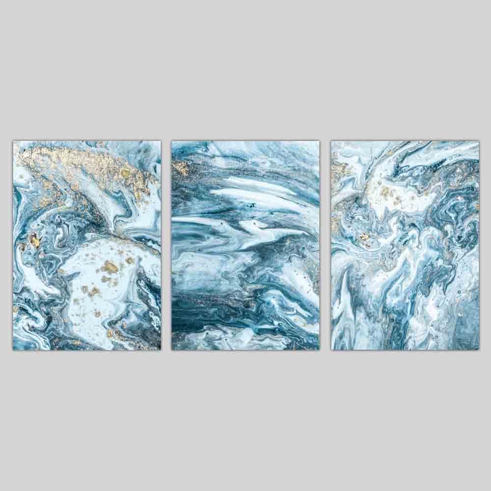 Abstract Teal Blue and Gold Ocean Wall Art Set of 3 Prints