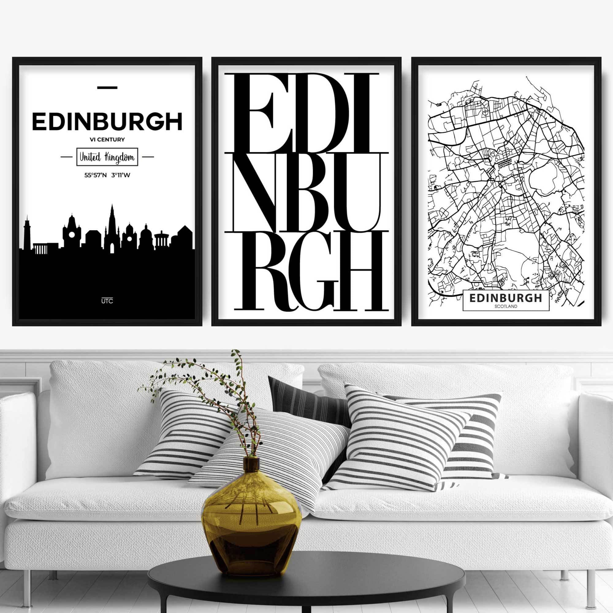 Set of 3 Edinburgh Skyline Street map City Prints