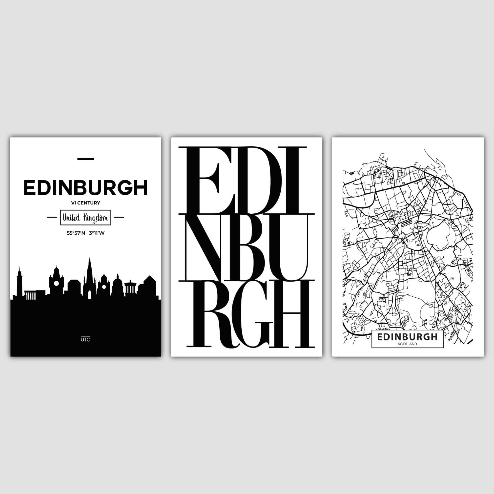 Set of 3 Edinburgh Skyline Street map City Prints