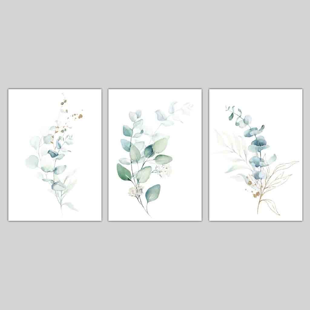 FLORAL Set of 3 Eucalyptus Blue Green and Gold Splash Prints
