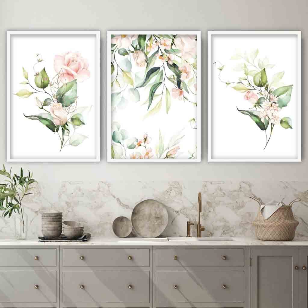 FLORAL Set of 3 Pink and Green Roses Leaves Art Prints