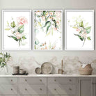 FLORAL Set of 3 Pink and Green Roses Leaves Art Prints