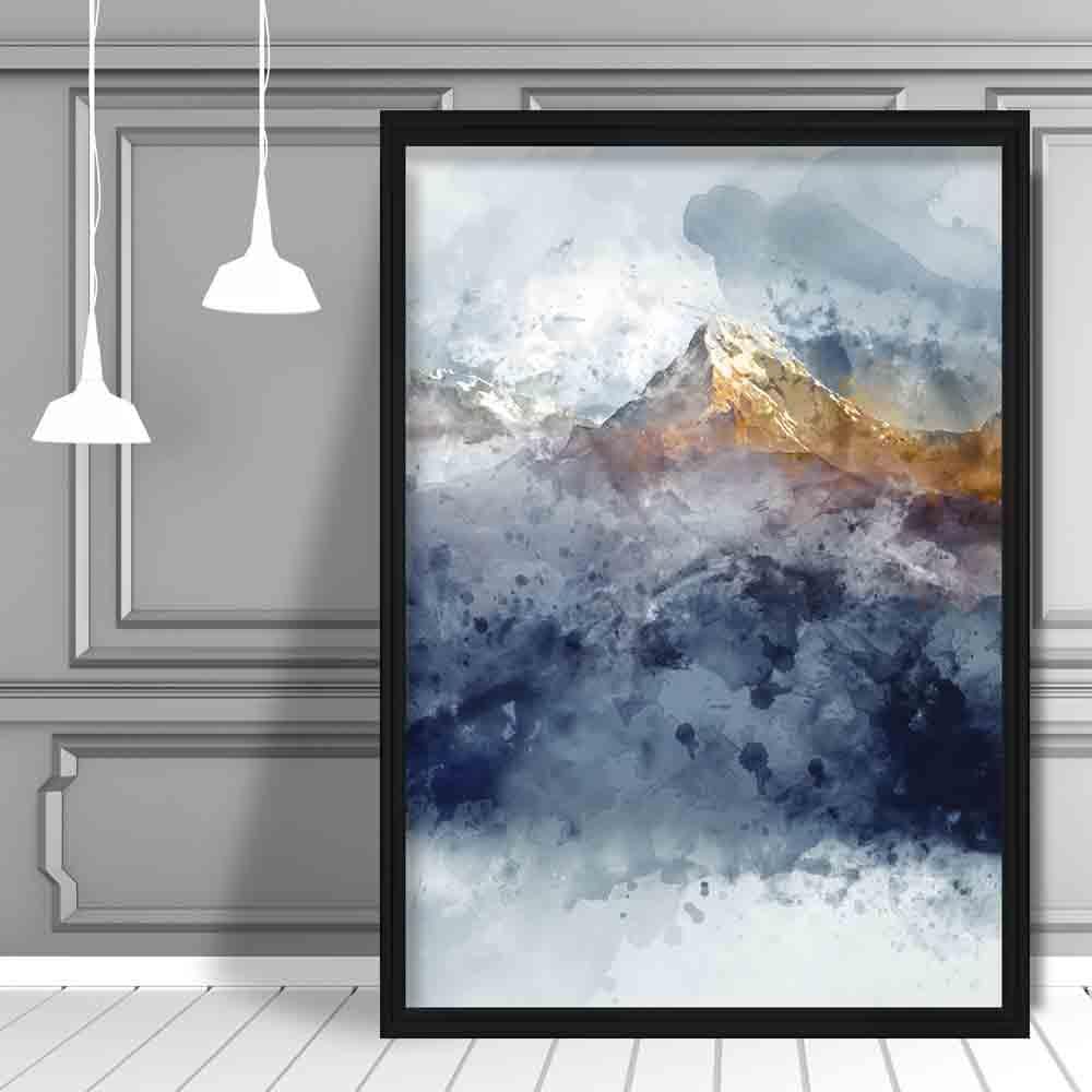 Navy Blue & Yellow Mountains Abstract Watercolour 2 Poster