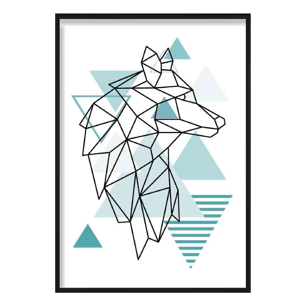 Wolf Head Looking Right Abstract Geometric Scandinavian Aqua Blue Poster