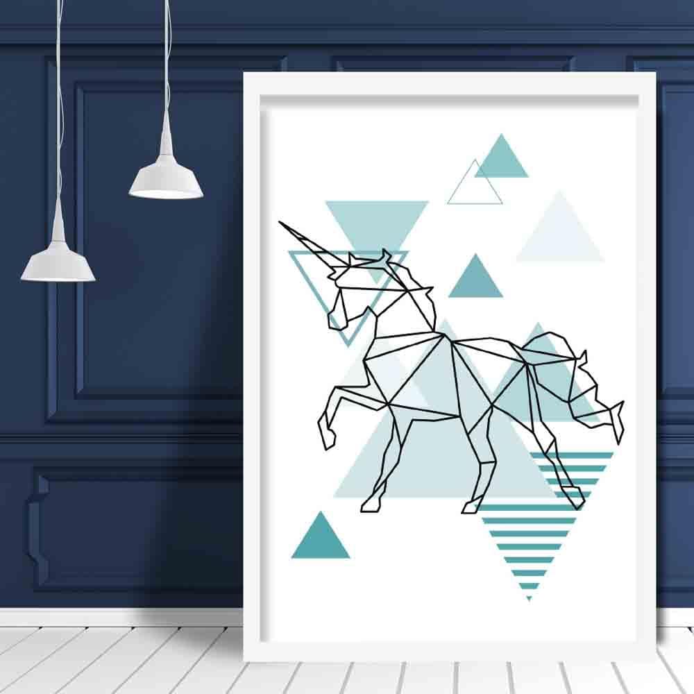 Unicorn Abstract Geometric Scandinavian Aqua Blue Poster