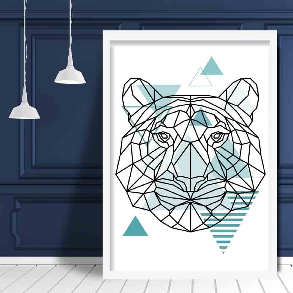 Tiger Head Abstract Geometric Scandinavian Aqua Blue Poster