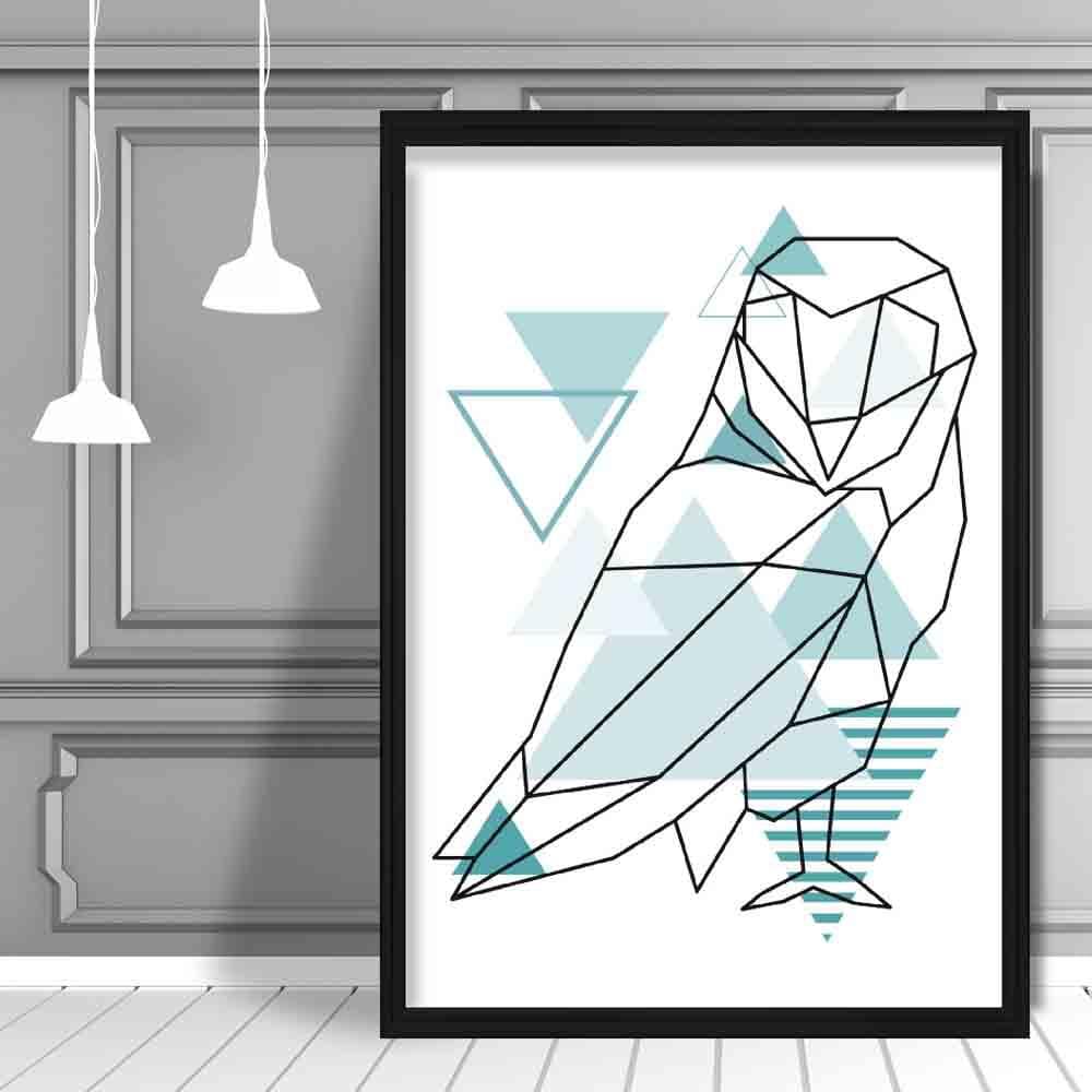 Owl Abstract Geometric Scandinavian Aqua Blue Poster