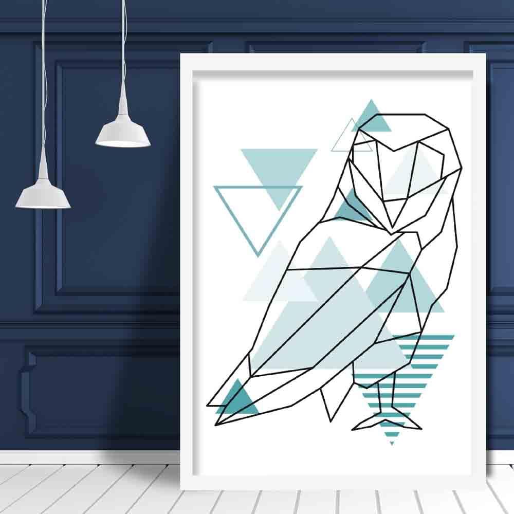 Owl Abstract Geometric Scandinavian Aqua Blue Poster