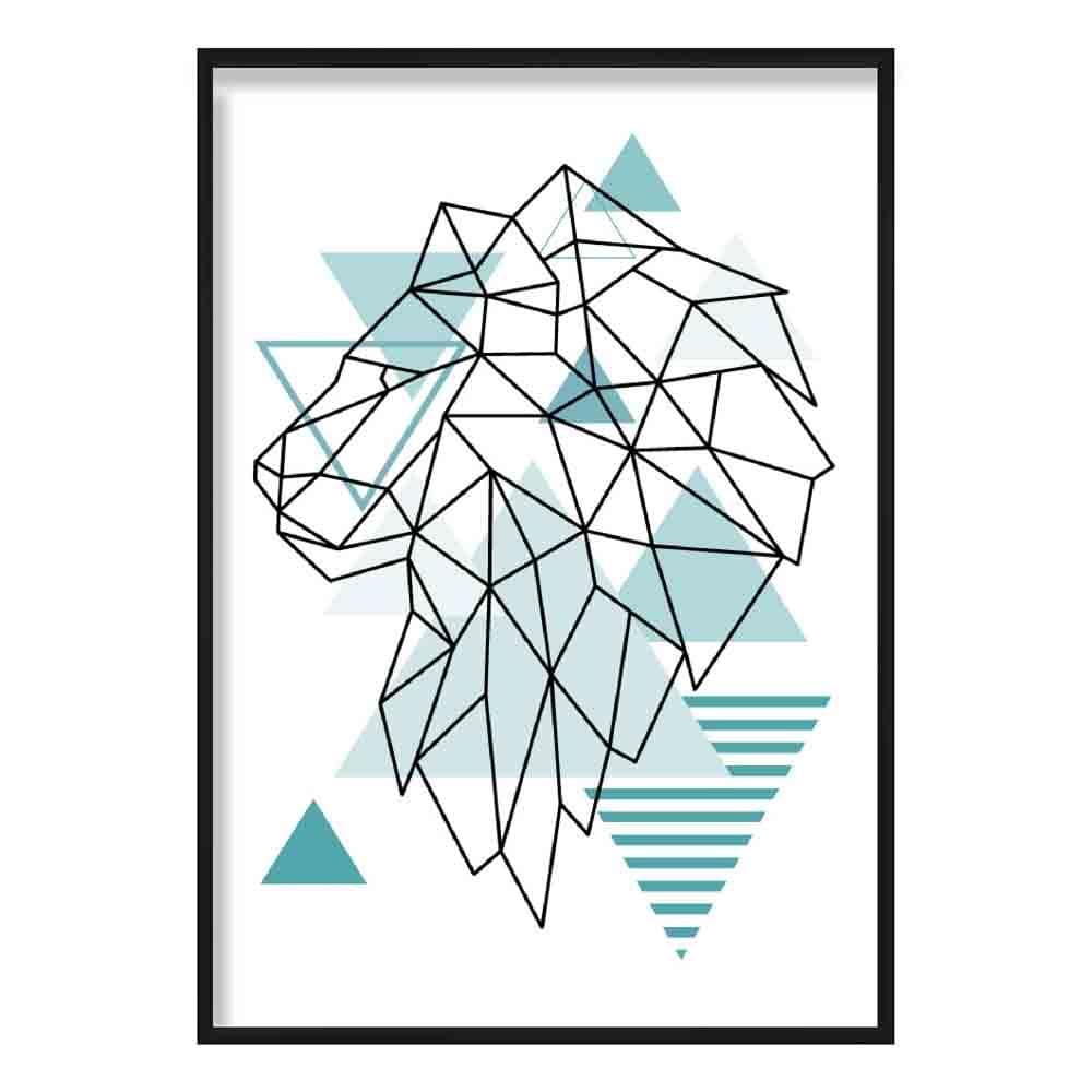 Lion Head Looking Left Abstract Geometric Scandinavian Aqua Blue Poster