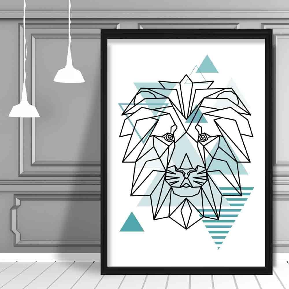 Lion Head Abstract Geometric Scandinavian Aqua Blue Poster