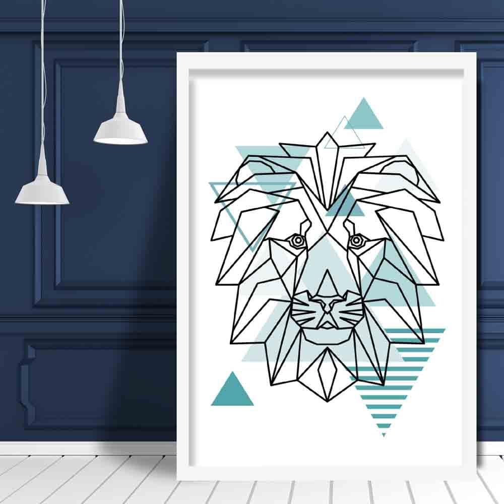 Lion Head Abstract Geometric Scandinavian Aqua Blue Poster