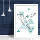 Hummingbird Abstract Geometric Scandinavian Aqua Blue Poster