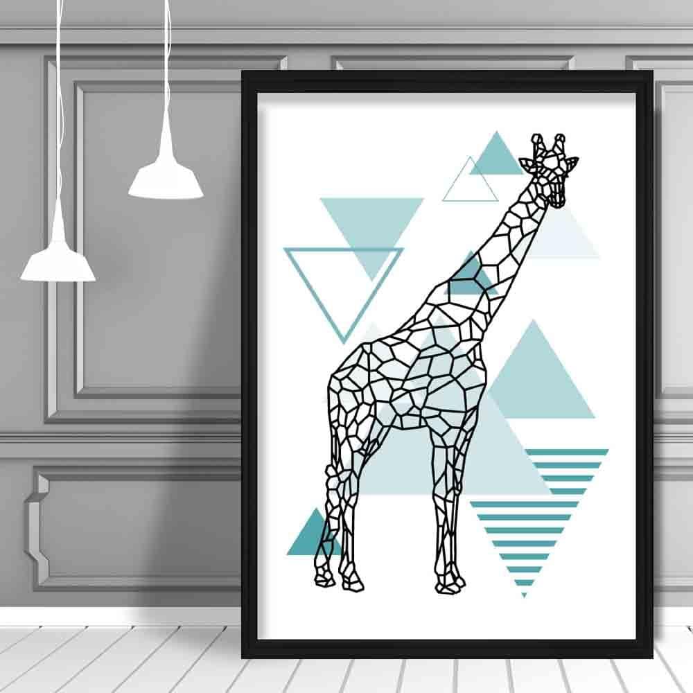 Giraffe Abstract Geometric Scandinavian Aqua Blue Poster