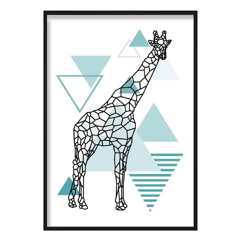 Giraffe Abstract Geometric Scandinavian Aqua Blue Poster
