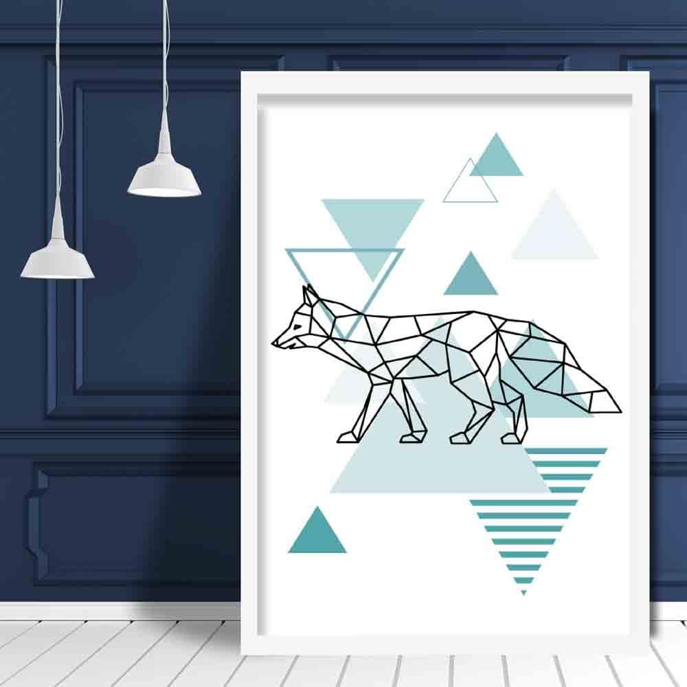Fox Abstract Geometric Scandinavian Aqua Blue Poster