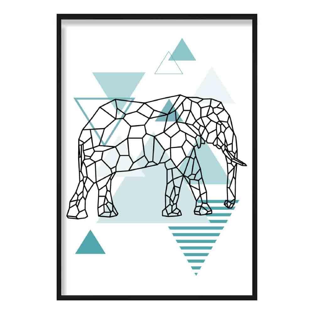 Elephant Abstract Geometric Scandinavian Aqua Blue Poster