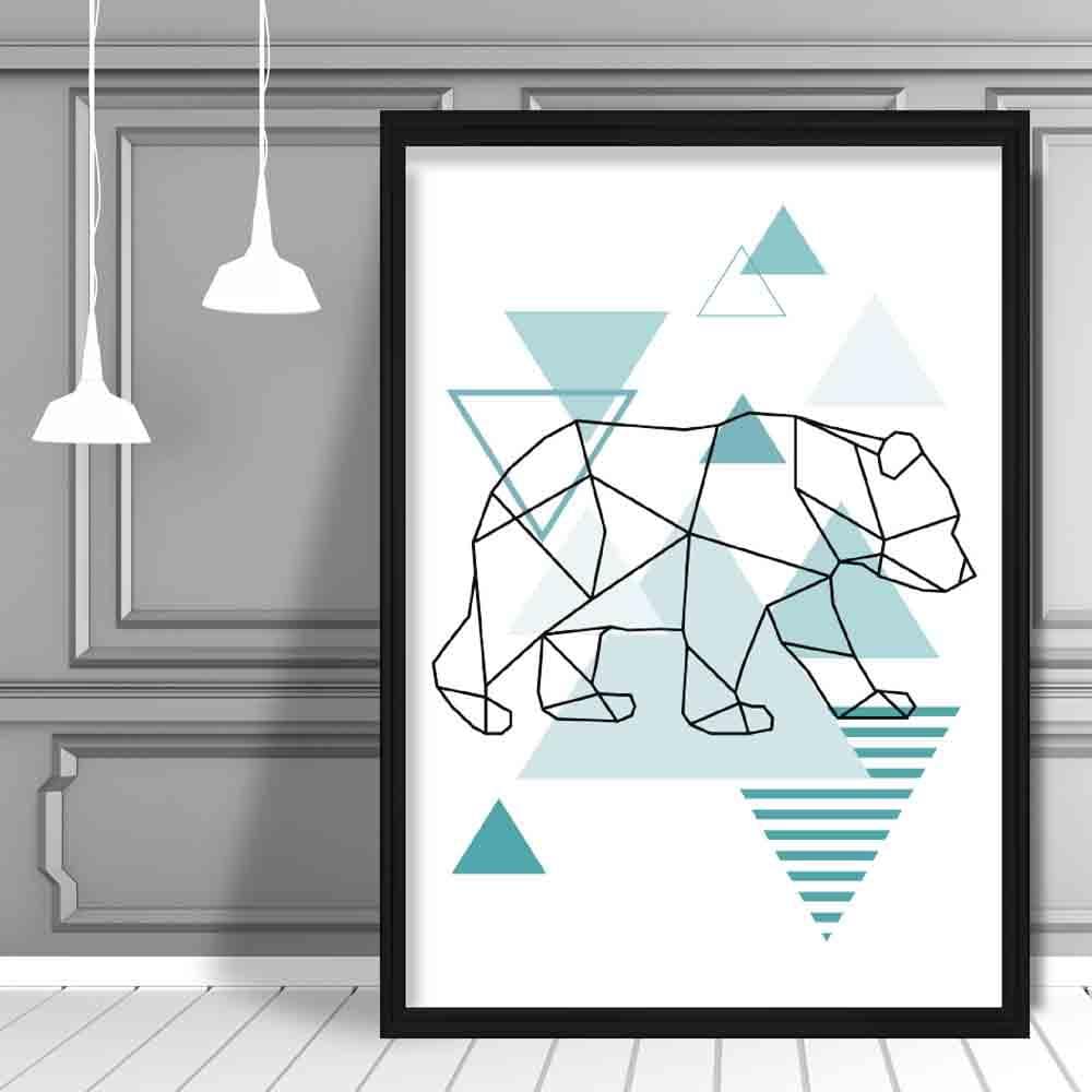 Walking Bear Abstract Geometric Scandinavian Aqua Blue Poster