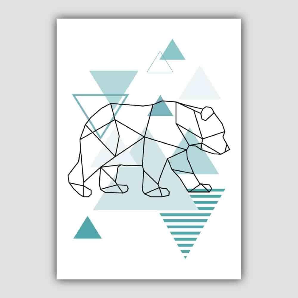Walking Bear Abstract Geometric Scandinavian Aqua Blue Poster