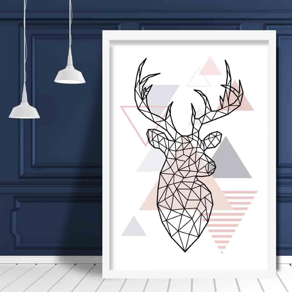 Stag Head Looking Right Abstract Geometric Scandinavian Blush Pink Poster