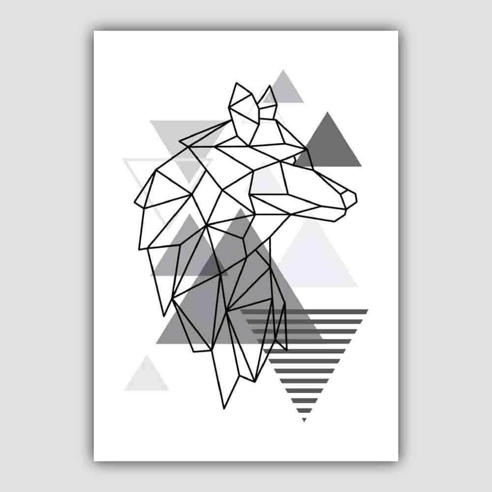 Wolf Head Looking Right Abstract Geometric Scandinavian Mono Grey Poster