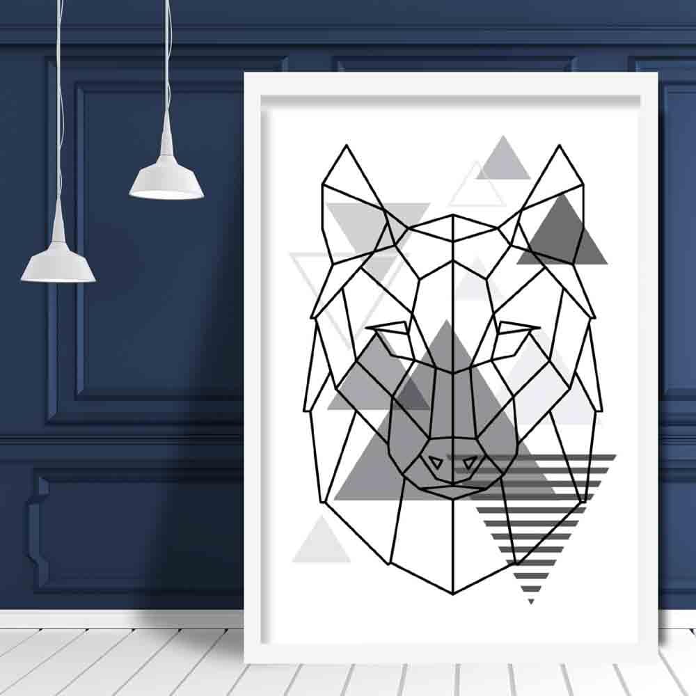 Wolf Head Abstract Geometric Scandinavian Mono Grey Poster