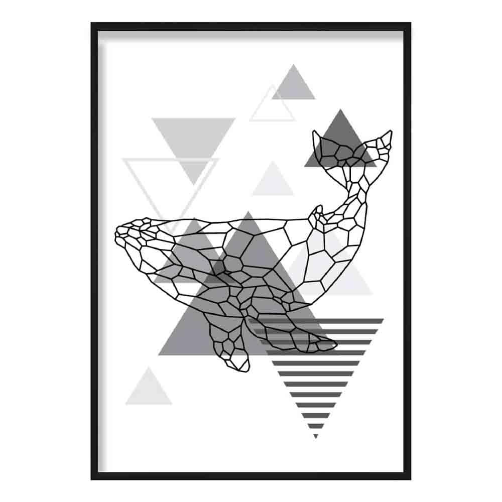 Whale Abstract Geometric Scandinavian Mono Grey Poster