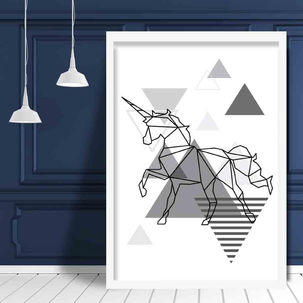 Unicorn Abstract Geometric Scandinavian Mono Grey Poster