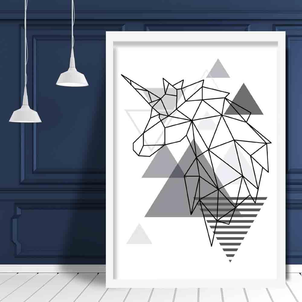 Unicorn Head Looking Left Abstract Geometric Scandinavian Mono Grey Poster