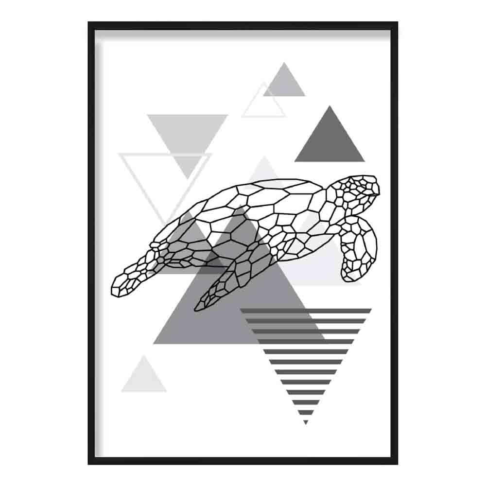 Turtle Abstract Geometric Scandinavian Mono Grey Poster