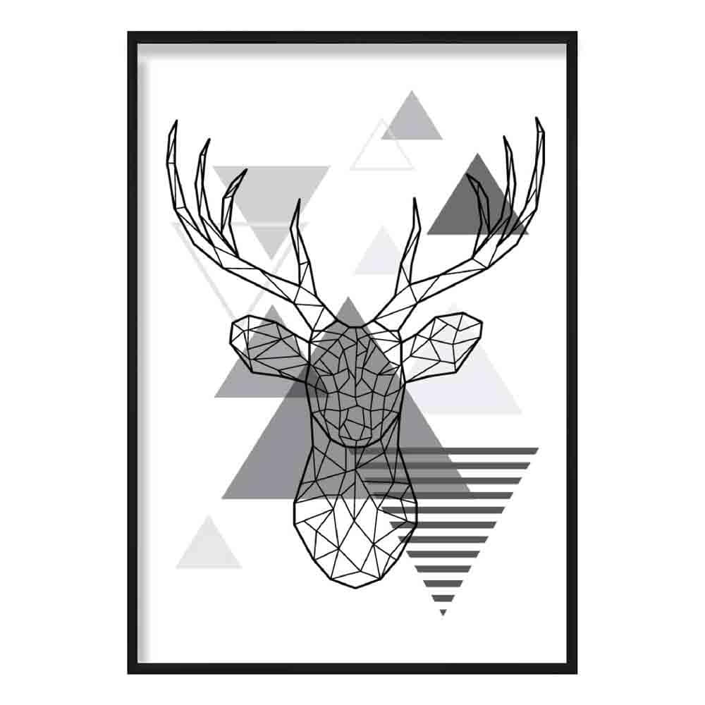 Stag Head Abstract Geometric Scandinavian Mono Grey Poster