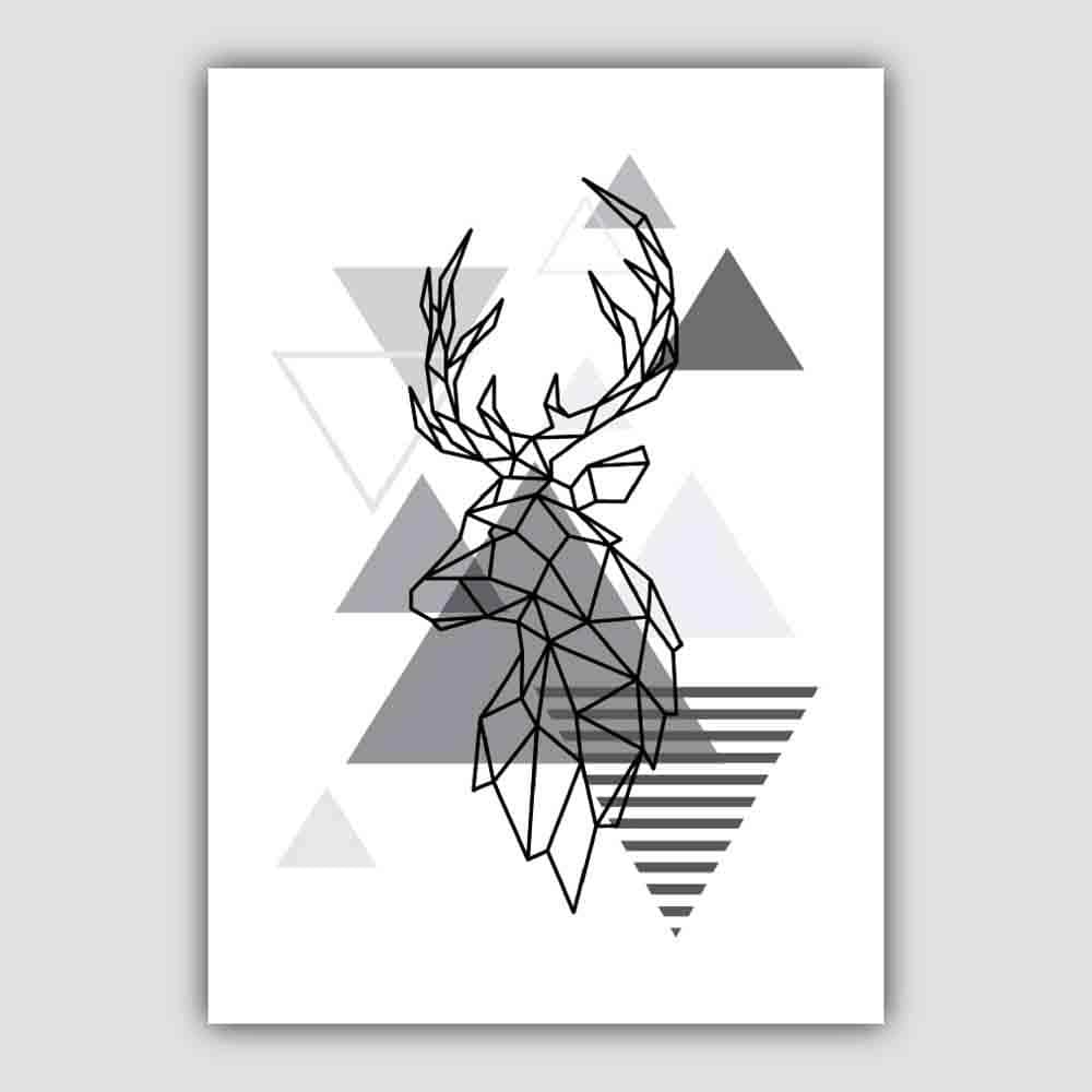 Stag Head Looking Left Abstract Geometric Scandinavian Mono Grey Poster