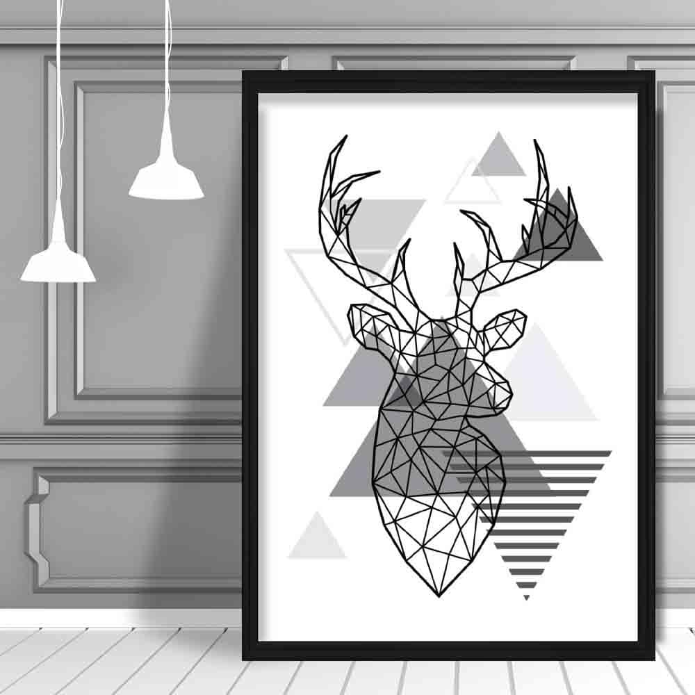 Stag Head Looking Right Abstract Geometric Scandinavian Mono Grey Poster