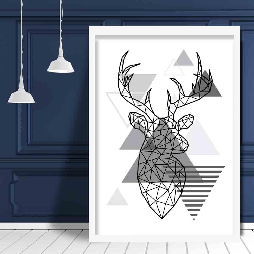 Stag Head Looking Right Abstract Geometric Scandinavian Mono Grey Poster